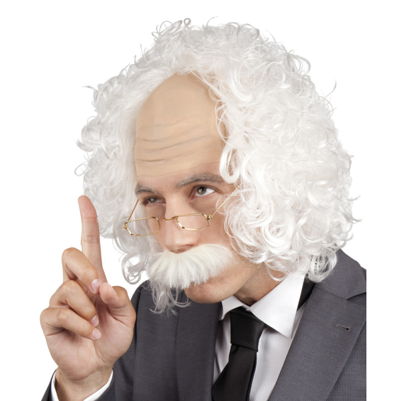 Einsteinova parochňa s plešatou hlavou, okuliarmi a fúzmi